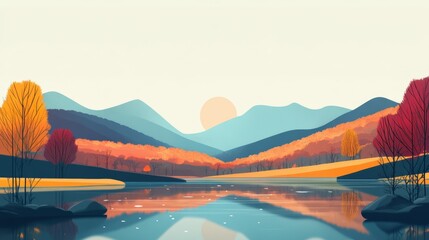 Serene Autumn Landscape with Mountains and Lake at Sunset