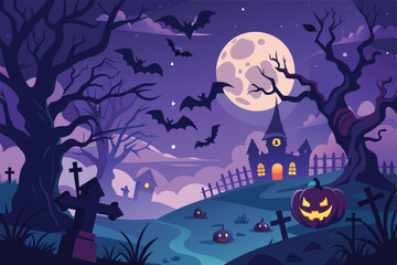 Spooky Halloween Night Cemetery Graveyard Scene