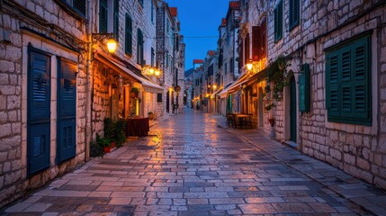 Fototapeta premium Charming narrow street with stone buildings illuminated at dusk, inviting atmosphere with warm lights.