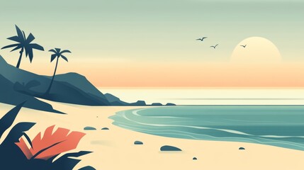 Obraz premium Serene Sunset Beach with Palms and Calm Ocean Waves in Pastel Colors