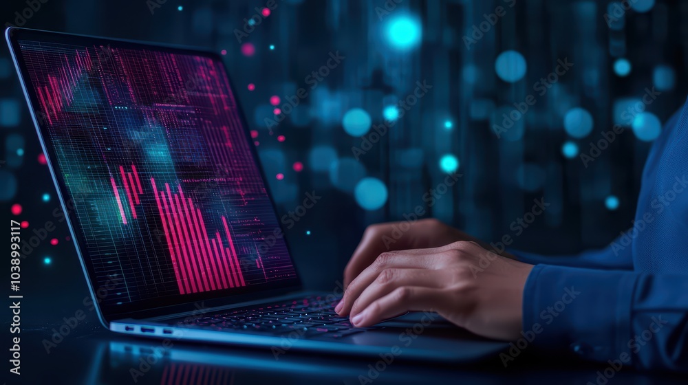 Poster close-up of hands typing on a laptop with data analytics graph displayed on the screen against a dig