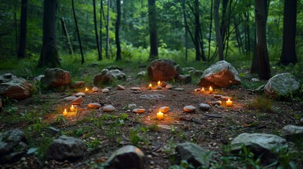 A circle of stones in a sacred grove, with candles and Wiccan symbols...