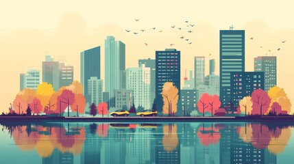 Fototapeta premium Serene Urban Landscape with Reflective Water and Vibrant Autumn Foliage