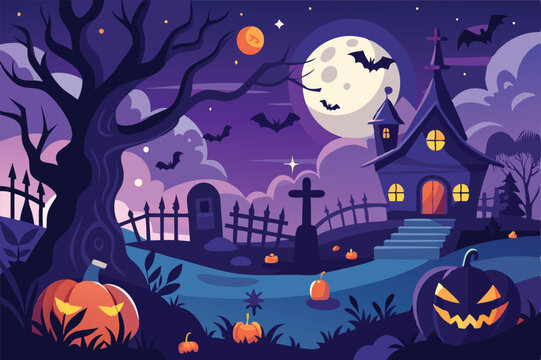 Spooky Halloween Night Cemetery Landscape