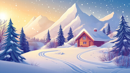 Fototapeta premium Snow-covered cabin in winter landscape with mountain backdrop.