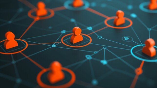 Digital network connections among several user icons illustrating social interactions and relationships in a technological environment