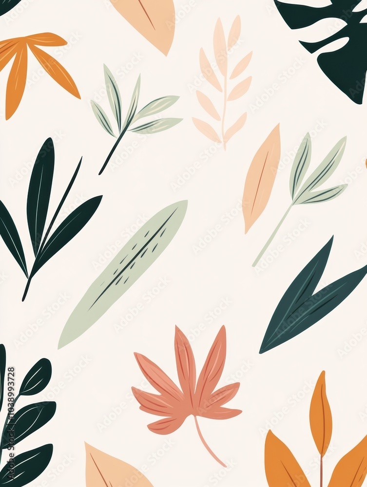 Poster a collection of minimalist doodles featuring various leaves and flowers arranged harmoniously, evoki