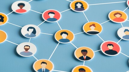Networking connections illustrated through colorful avatars on a blue background, highlighting relationships in a digital environment