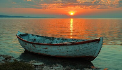 Obraz premium A Weathered Wooden Boat Moored at the Shoreline During Sunset