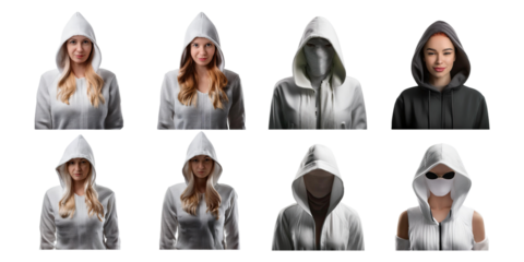 Variety of People in Hooded Clothing and Expressions, PNG collection, set bundle, isolate on transparent or white background