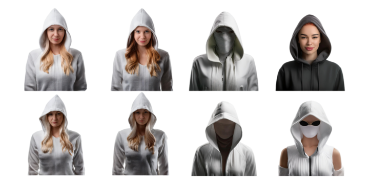 Variety of People in Hooded Clothing and Expressions, PNG collection, set bundle, isolate on transparent or white background
