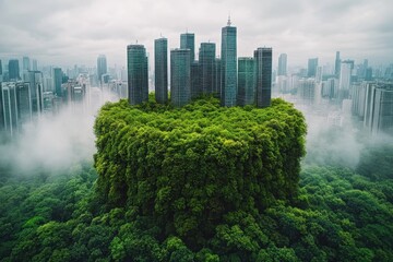 Fototapeta premium A lush green forest growing atop skyscrapers in a vibrant urban landscape during daylight