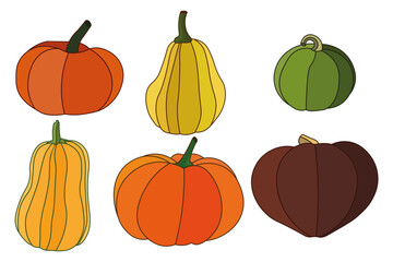 Set of pumpkins of different colors - flat icons. Vector illustrations, isolated on white background.
