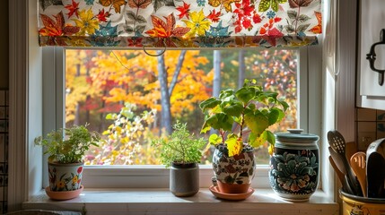 A cozy kitchen window with an autumn-themed curtain, potted plants, and a...