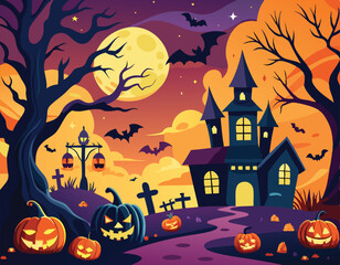 Fototapeta premium Haunted Halloween Night Scene With Spooky House