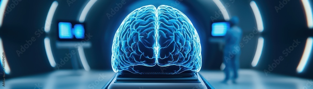 Poster futuristic digital brain model, illuminated in a high-tech laboratory setting with computer screens.