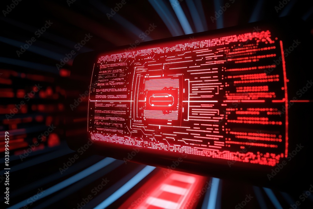 Poster futuristic digital interface with red glowing elements and circuit patterns on a dark background.
