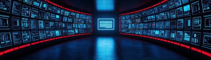 Fototapeta premium Futuristic control room with multiple screens displaying data, illuminated with blue and red lights.