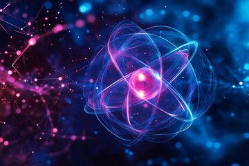 A vibrant and colorful depiction of an atom showcasing its electrons in motion against a cosmic...