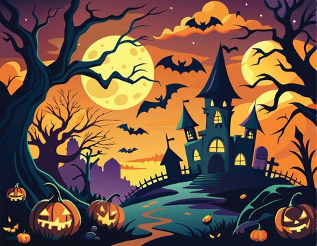 Haunted Halloween House Night Sky Bats Pumpkins