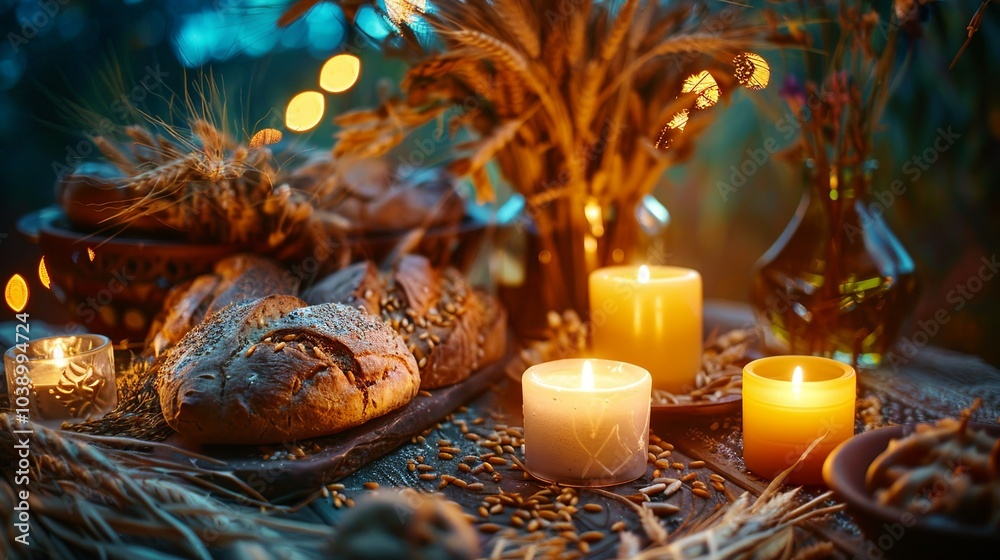 Wall mural a wiccan celebration of lughnasadh, with bread, wheat sheaves, candles, and...