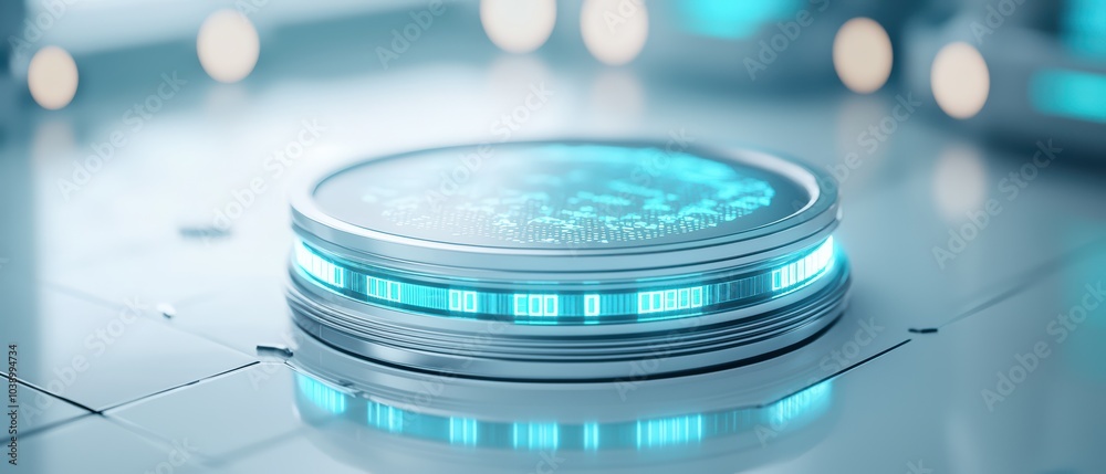 Poster futuristic interface display with glowing blue elements and digital patterns.