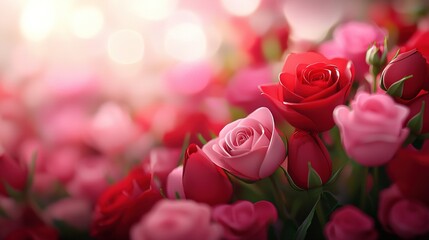   A field of red and pink roses with a soft boke of light in the backdrop
