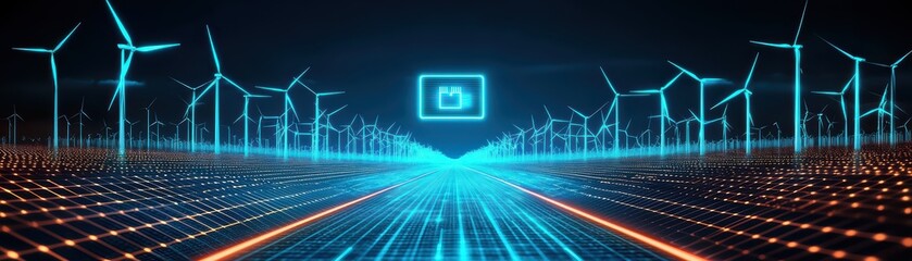 Fototapeta premium Futuristic landscape with wind turbines and digital grid, showcasing renewable energy transformation.