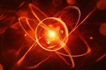 A vivid representation of an atom in motion, showcasing its core during a dynamic science illustration