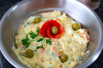 Traditional potato salad, rustic homemade mayonnaise