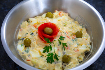 Traditional potato salad, rustic homemade mayonnaise