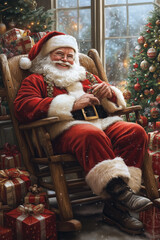 Wypoczęty Święty Mikołaj w tradycyjnym stroju siedzi wygodnie w fotelu bujanym, uśmiechając się, w świątecznym pokoju z choinkami i prezentami.