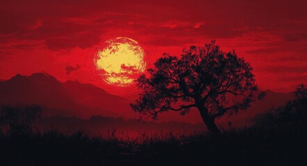 Fototapeta premium Sunset glow over mountains with a silhouette of a lone tree in the foreground