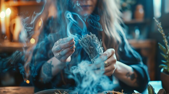 A witch cleansing a ritual space with a bundle of burning sage, smoke...