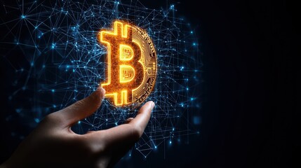 Hand holding a glowing Bitcoin symbol against a dark digital background.