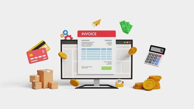 Digital invoice form. Accounting and finance audit, calculate budget. Business invoice, online transaction, payment or tax calculation. 3D computer with invoice receipt and icons. 4K 3D animation