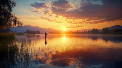 Obraz premium A tranquil scene of a lone fisherman silhouetted against a glowing sunset, casting his line into a still lake.