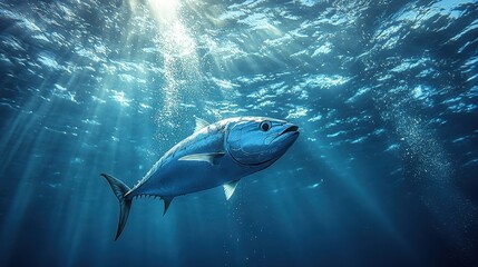 Obraz premium Photorealistic Blue Tuna Fish Swimming in the Ocean with Sunlight Rays and Water Ripples in a Wide-Angle View 