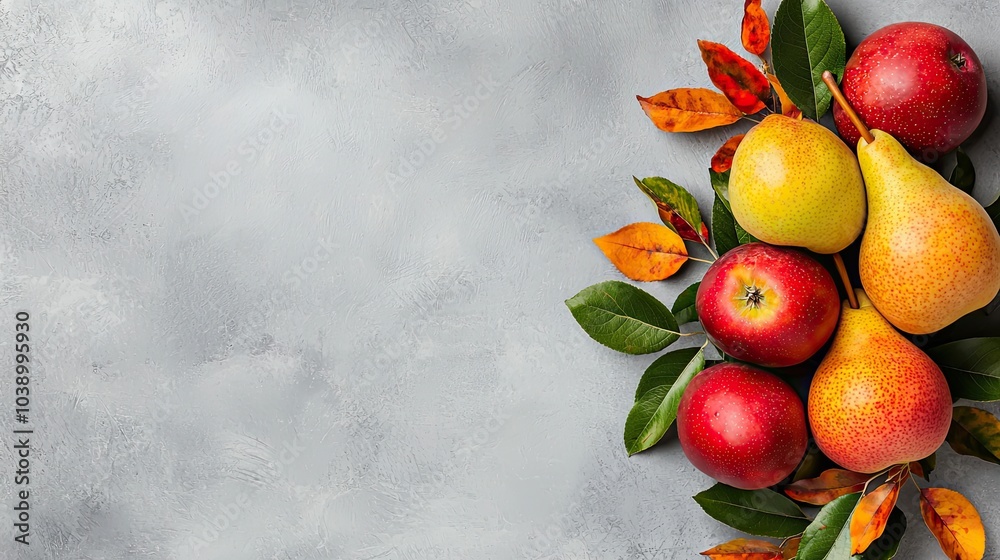 Poster a colorful arrangement of apples and pears with autumn leaves, set against a textured gray backgroun