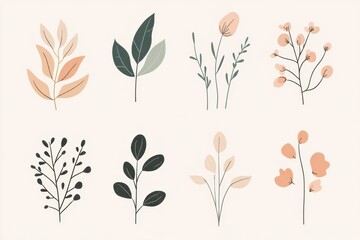 These charming minimalist doodles depict various leaves and flowers, showcasing nature's beauty with soft colors and delicate designs. Generative AI