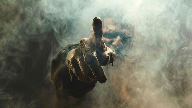 Scary Halloween celebration poster. Pointing creepy zombie monster hand on smoky background