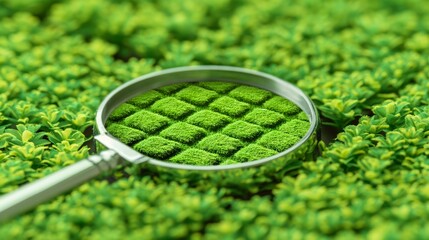 Magnifying glass reveals intricate patterns in lush green foliage during a bright sunny day in a botanical garden