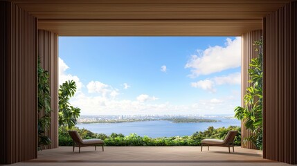 Fototapeta premium Modern interior with large windows showcasing a stunning lake view and lush greenery outside.