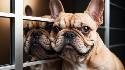 French bulldog puppy looking through window bars