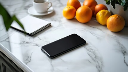 An iPhone resting on a white marble countertop, with fresh fruits and a notebook nearby.