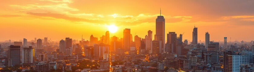 Fototapeta premium Panoramic city skyline during sunset with orange sky and silhouette of tall buildings.