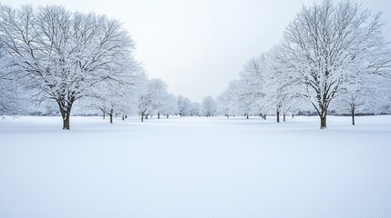 Obraz premium A serene winter landscape showcasing trees blanketed in snow, creating a peaceful, white canvas under cloudy skies.
