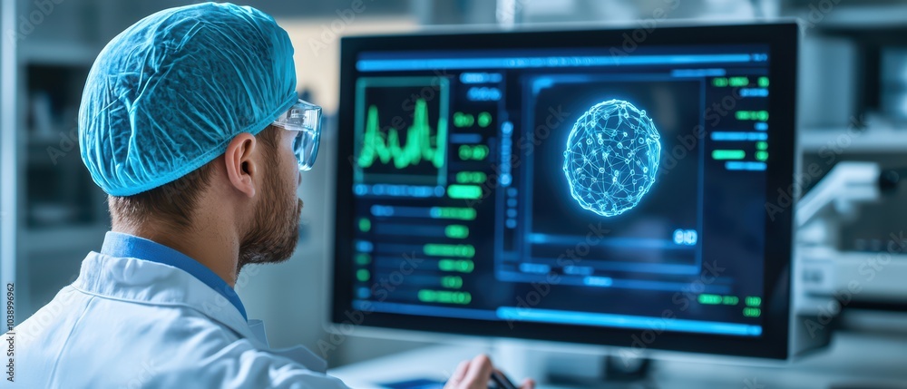 Poster scientist analyzing data on a computer screen in a laboratory setting.