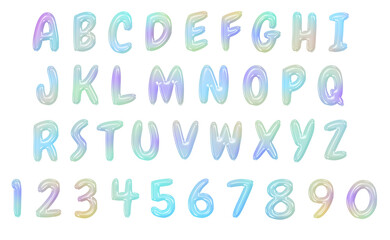 Holographic liquid alphabet isolated on a transparent background. Neon inflated iridescent alphabet and numbers with rainbow effect. Set of cartoon letters.