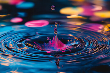 A vibrant splash of water creates colorful ripples during a summer evening, capturing the beauty of nature and light reflections